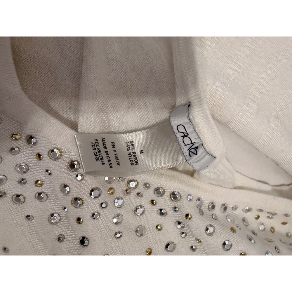 Cache Stunning White striped Rhinestone Detailing V-Neck Sweater Long Sleeve Top - Picture 7 of 11